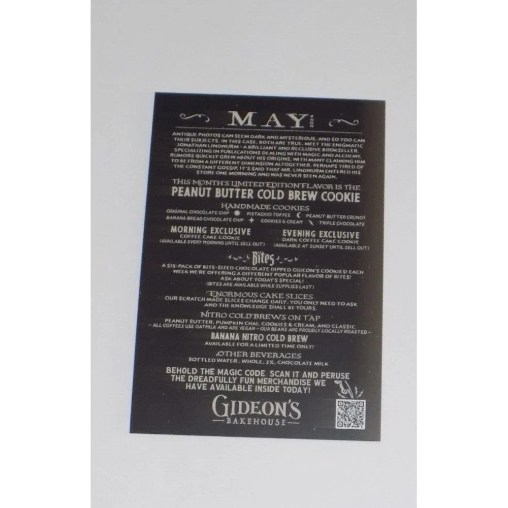 Gideon's Bakehouse MAY 2024 Halfway to Halloween Collectible Menu & Trading Card